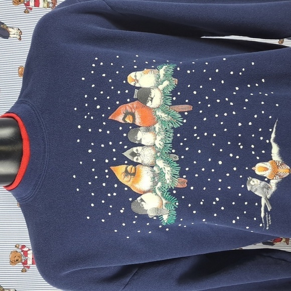 Vintage Morning Sun birds nest Holiday Christmas XL navy blue & red sweatshirt - Picture 1 of 7